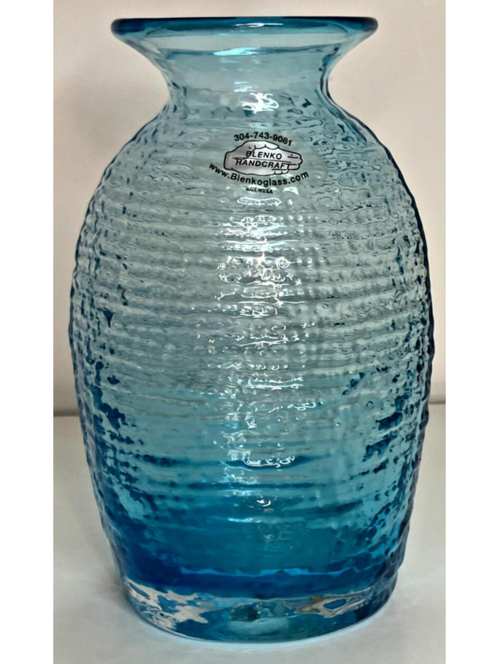 BLENKO Blue Turquoise Strata 7 Inch Tall Vase With Original Sticker #2135S